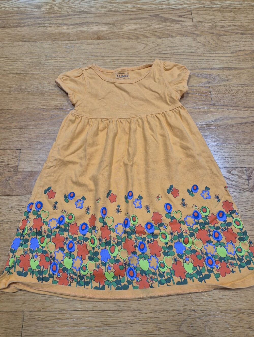 L.L. Bean Girls Yellow Floral Cotton Dress Heavy Fall Knit Size 4